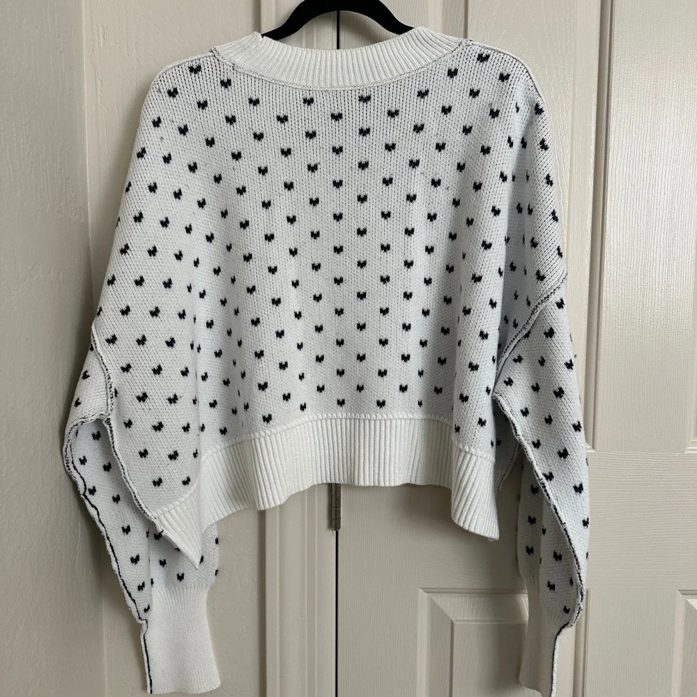 Free People Easy Street Patterned Crop Pullover White Navy Heart Knit Sweater S